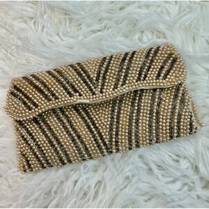 Vintage Japan Beaded Clutch Purse Cream Faux Pearl Chevron Evening Bag Art Deco